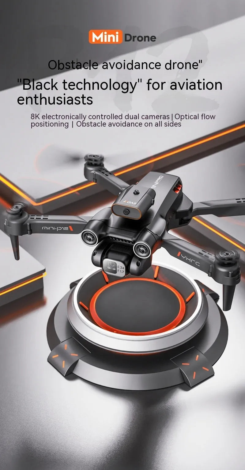 Black and orange quadcopter with HD camera, folded to 4.5 cm size, showing remote control and spare blades