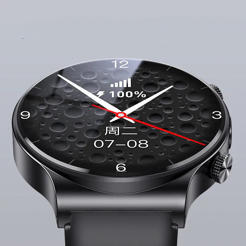 Black and white smart watch on wrist showing 1.28-inch screen.