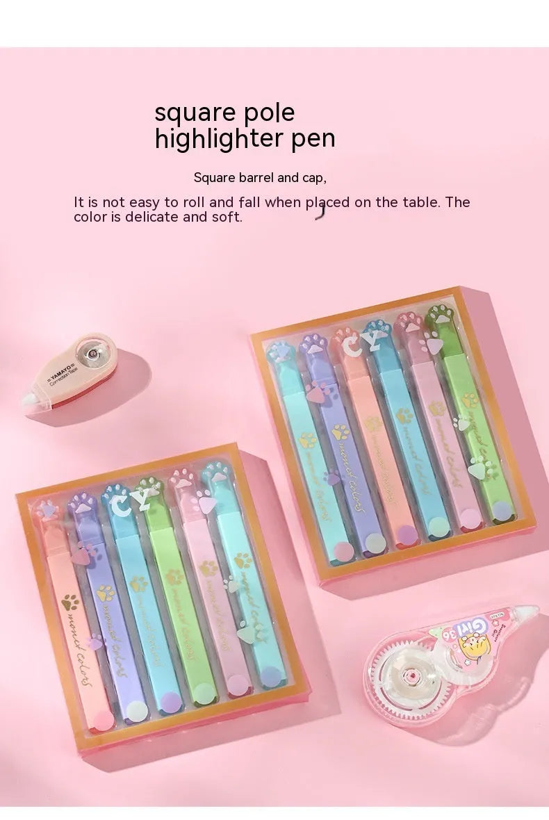 Box of six cat's paw fluorescent marking pens with oblique nib tips in assorted colours.