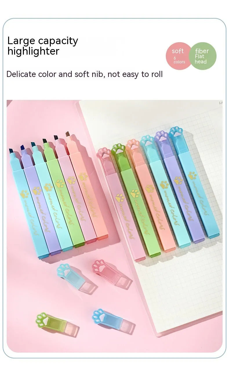 Box of six cat's paw fluorescent marking pens with oblique nib tips in assorted colours.