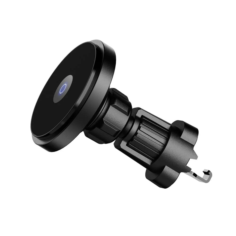 Silver magnetic 15W wireless car charger mounted on a car air vent showing aluminium alloy construction