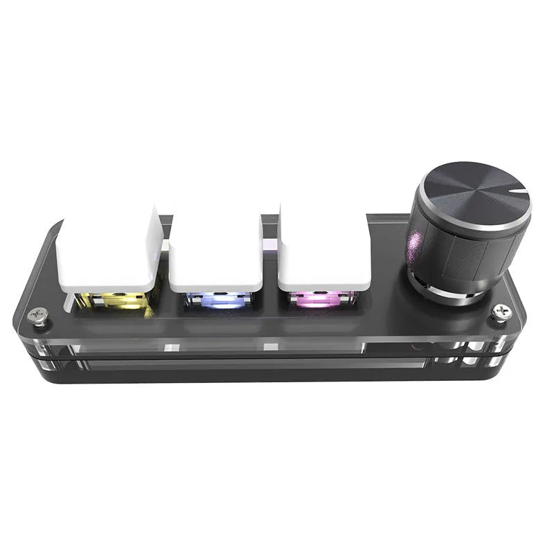 Black custom mechanical keypad with RGB backlight showing copy and paste keys, measuring 15cm wide