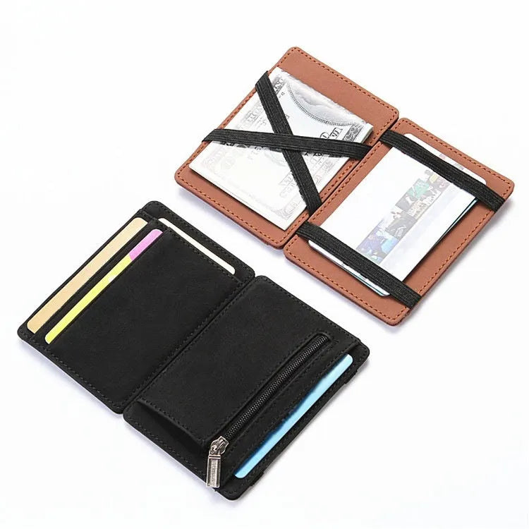 PU leather magic wallet showing flip card holder design with zipper coin compartment in black colour