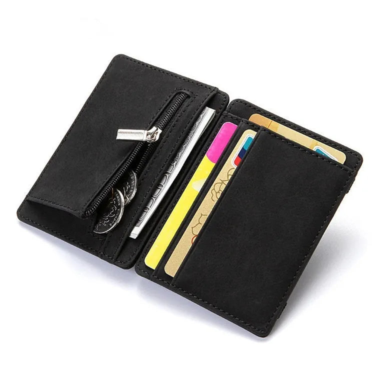 PU leather magic wallet showing flip card holder design with zipper coin compartment in black colour