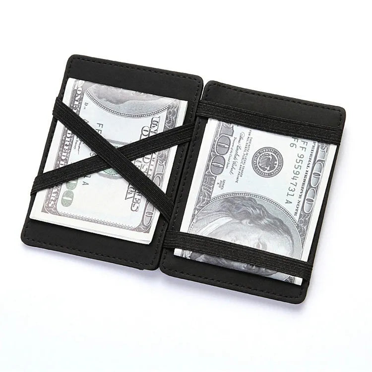 PU leather magic wallet showing flip card holder design with zipper coin compartment in black colour