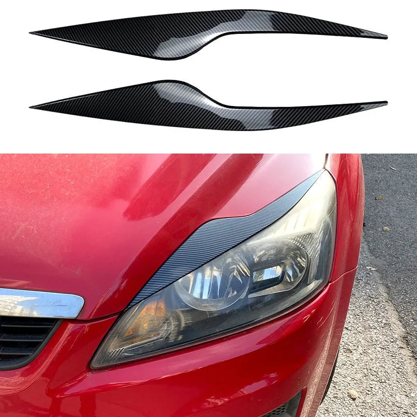 Ford Focus headlight eyebrow stickers in carbon fibre pattern and piano black finishes