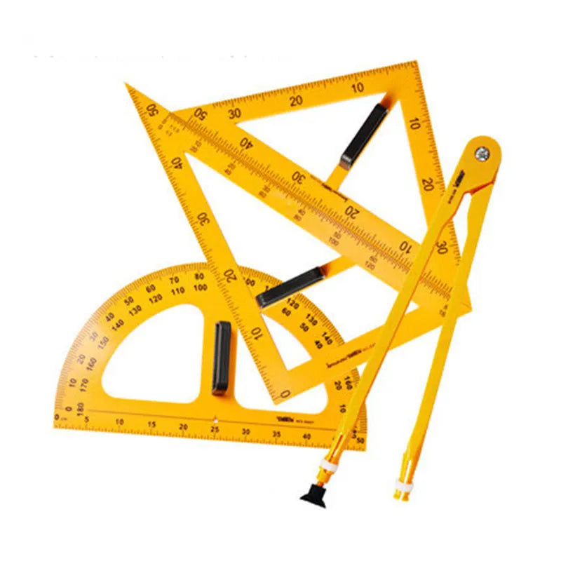 Orange and black plastic triangle ruler and protractor set with chalk compass for geometry teaching