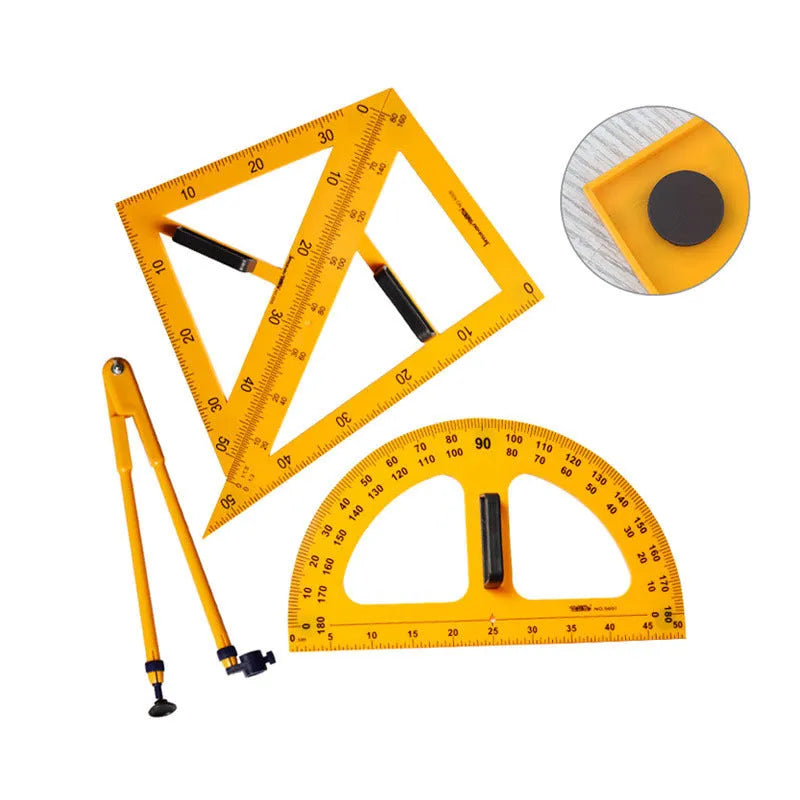 Orange and black plastic triangle ruler and protractor set with chalk compass for geometry teaching