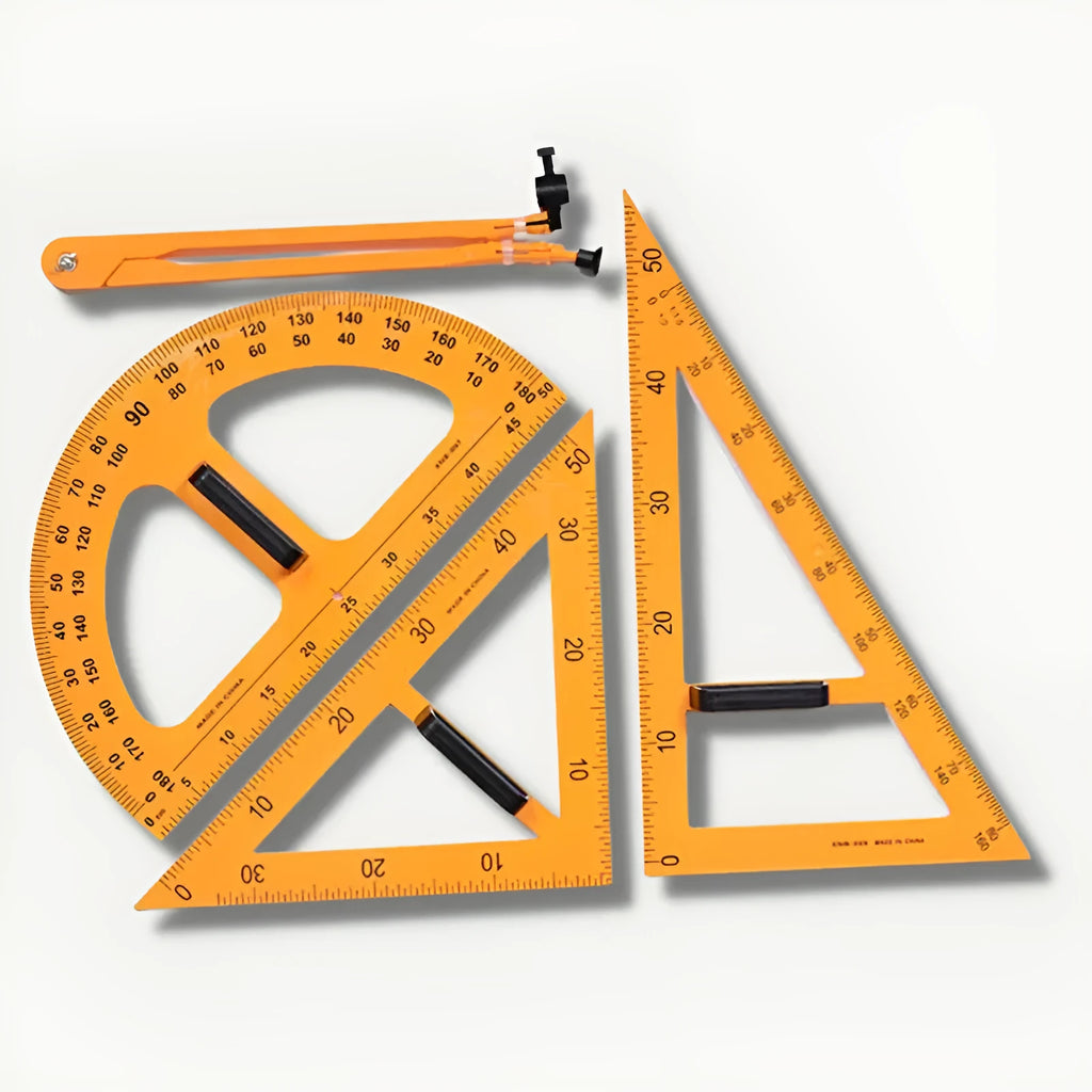 Orange and black plastic triangle ruler and protractor set with chalk compass for geometry teaching