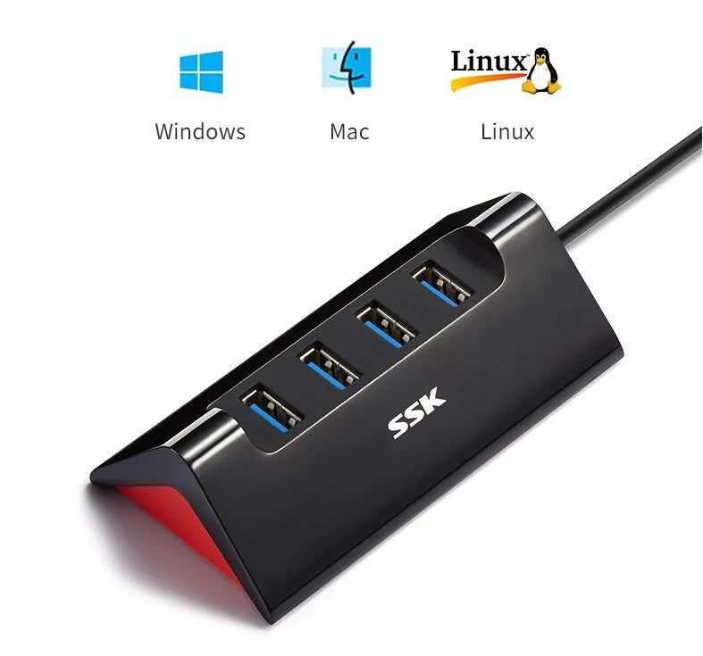 Black USB expansion dock with 4 ports and Micro USB power input on compact ABS plastic housing