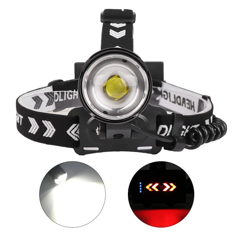 Black aluminium alloy USB rechargeable headlight with telescopic zoom lens extended