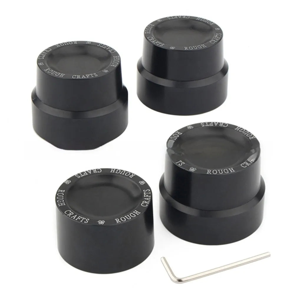 Black CNC aluminium front and rear axle decorative caps for Harley-Davidson motorcycle.