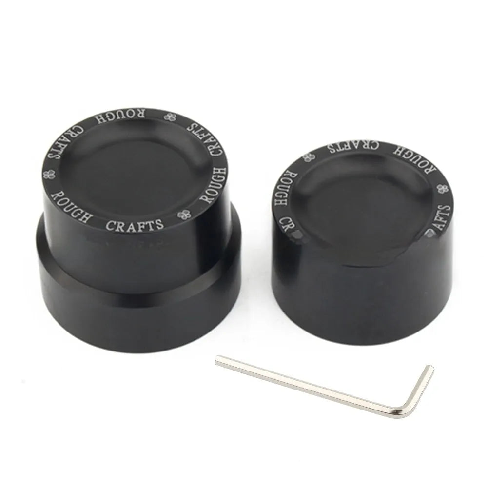 Black CNC aluminium front and rear axle decorative caps for Harley-Davidson motorcycle.