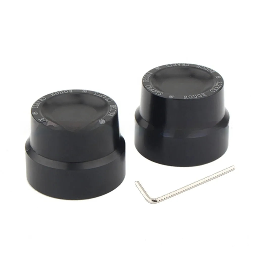 Black CNC aluminium front and rear axle decorative caps for Harley-Davidson motorcycle.