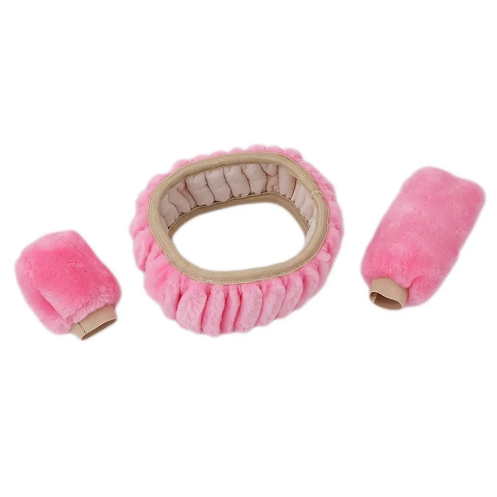 Plush car steering wheel cover set with handle and gear shift knob covers in six colour options