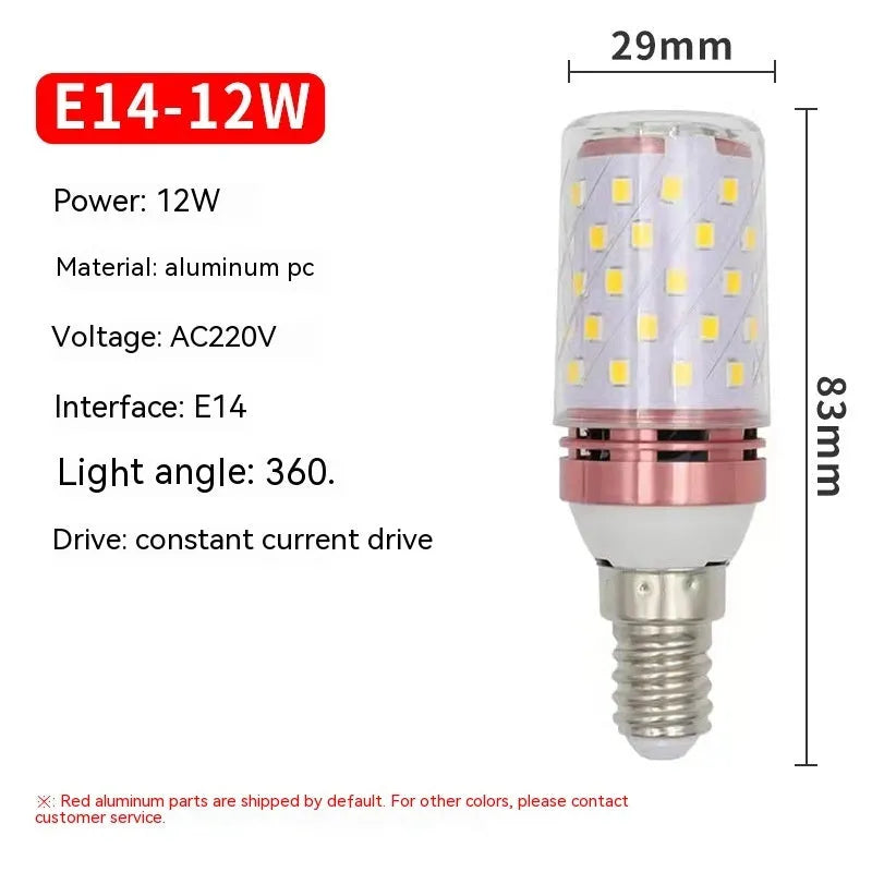 E14 12W LED corn light bulb showing three colour temperature options