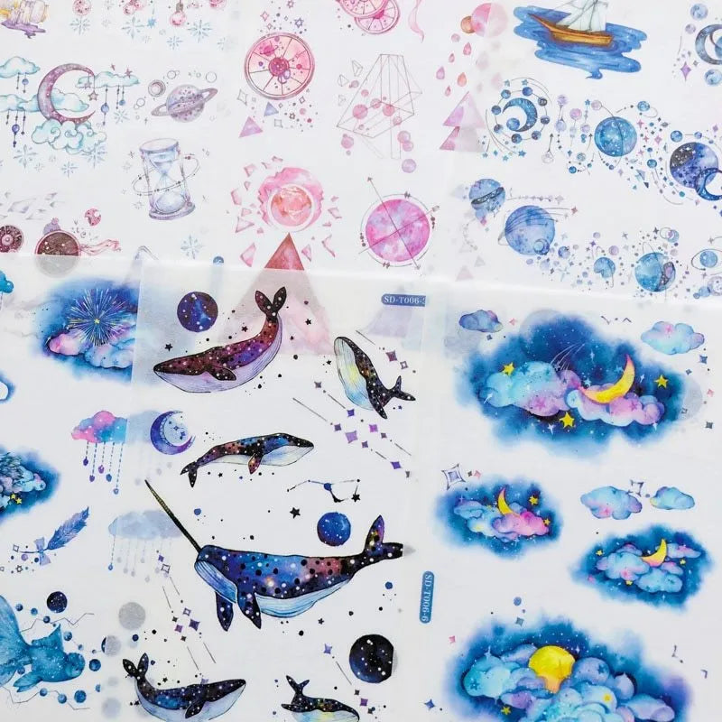 Abu Sticker set with fantasy stars design on Japanese paper, showing 10.5 by 14.1 cm size.