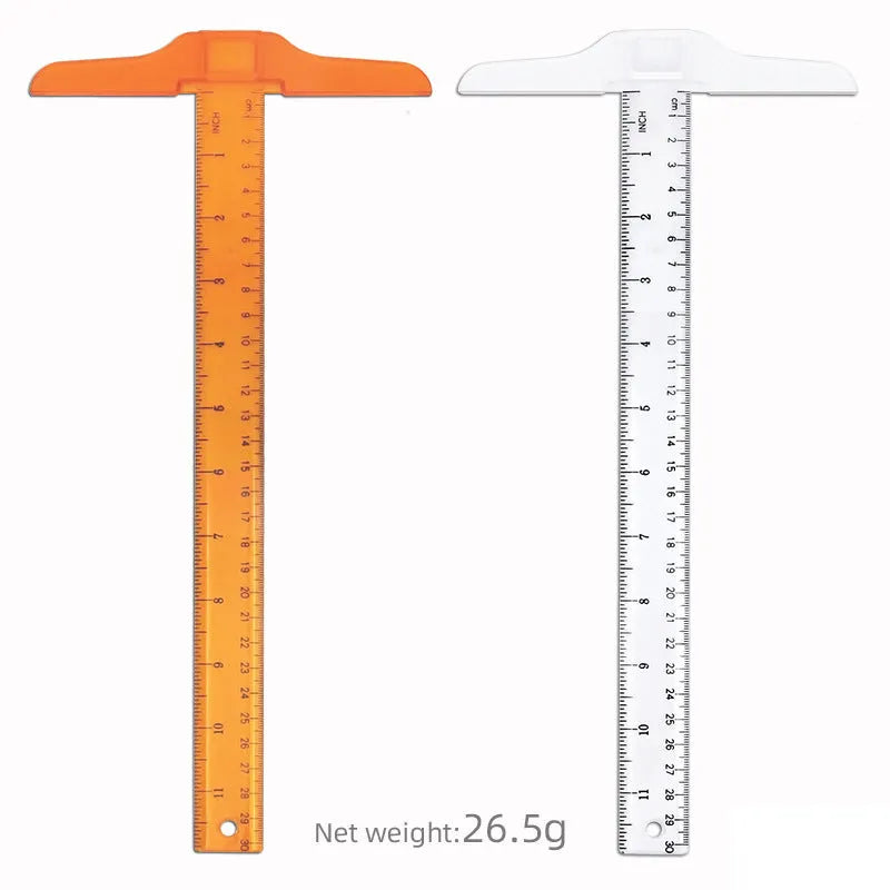 30cm plastic T-shaped ruler with measurement scales in transparent or orange yellow colour options