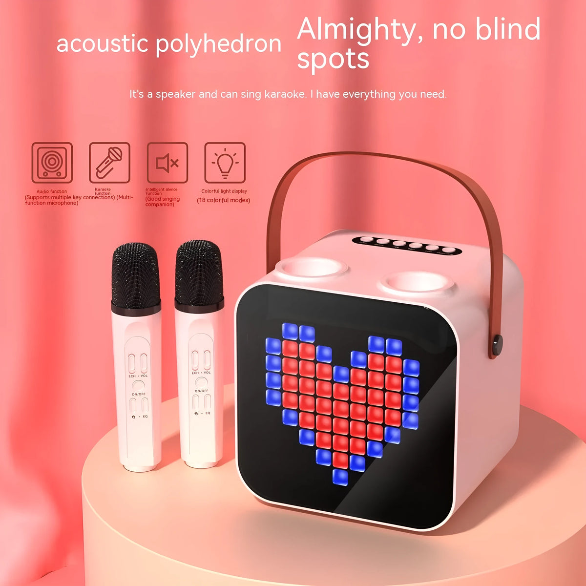 Portable Bluetooth karaoke speaker in black with two wireless microphones, 15W output, RGB rhythm light, and iron mesh front.
