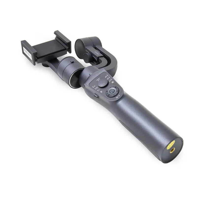Black three-axis handheld gimbal stabilizer for mobile phones showing 10.8cm length by 7cm width dimensions