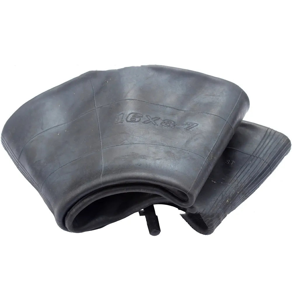 Set of two black 16x8.00-7 inner tubes with TR13 straight valve stems and four dust caps