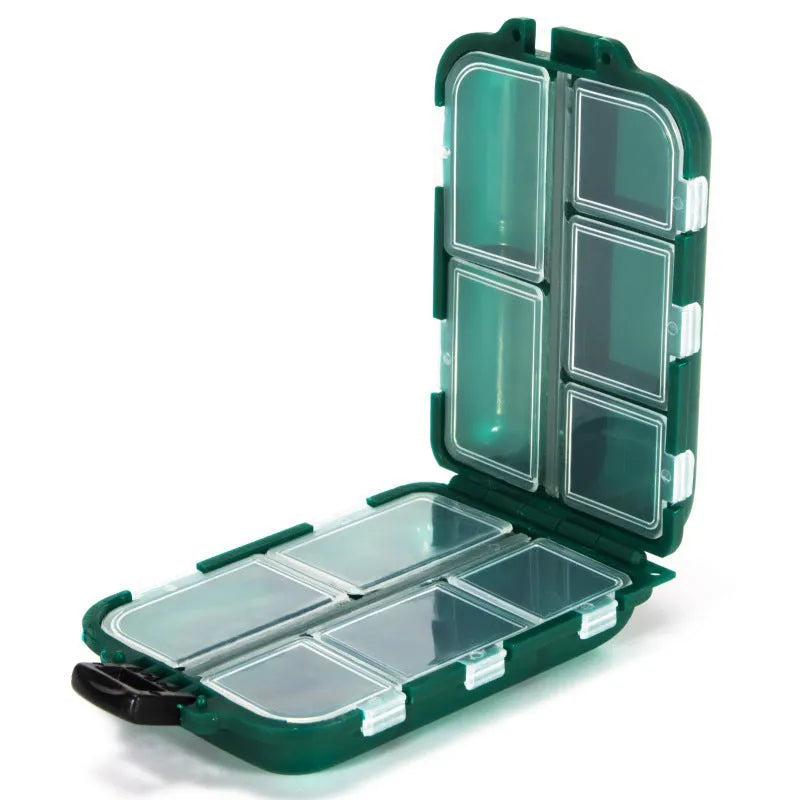 Fishing tackle storage box with 10 compartments in black colour showing organised layout