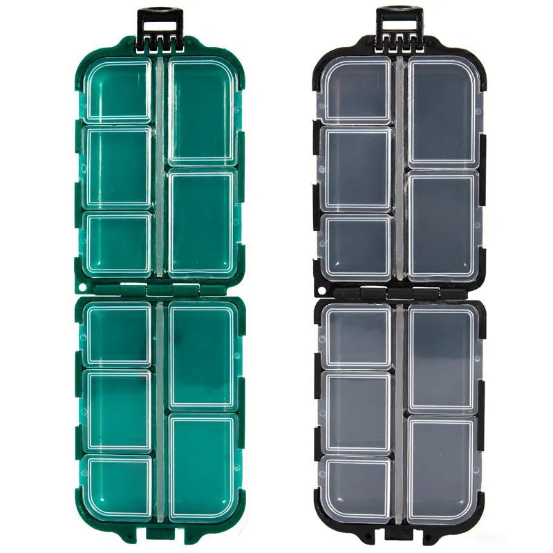 Fishing tackle storage box with 10 compartments in black colour showing organised layout