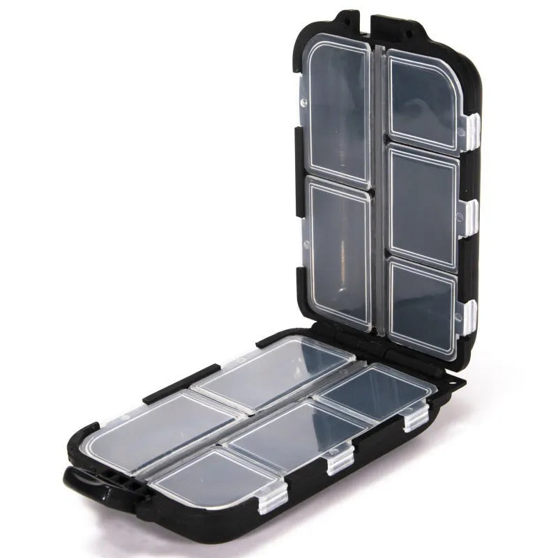 Fishing tackle storage box with 10 compartments in black colour showing organised layout
