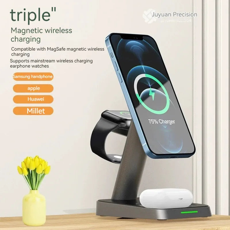 Black vertical wireless charging station with phone charging upright and 10000mAh battery capacity