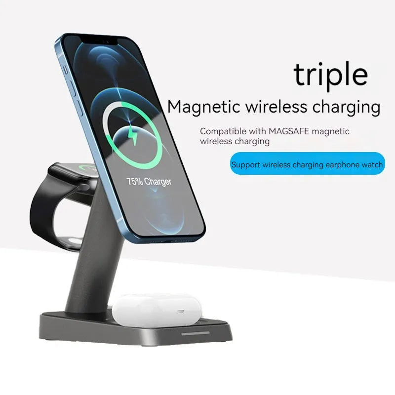 Black vertical wireless charging station with phone charging upright and 10000mAh battery capacity
