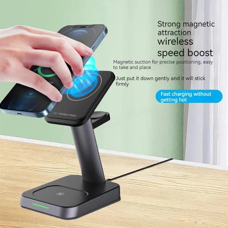 Black vertical wireless charging station with phone charging upright and 10000mAh battery capacity