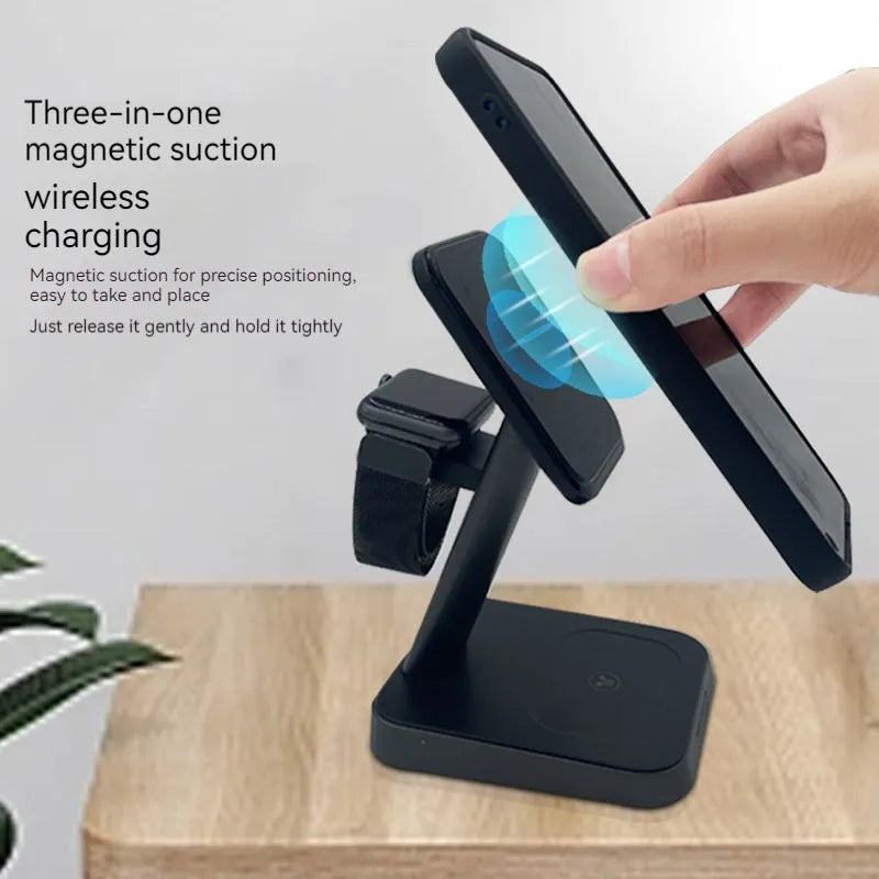 Black vertical wireless charging station with phone charging upright and 10000mAh battery capacity