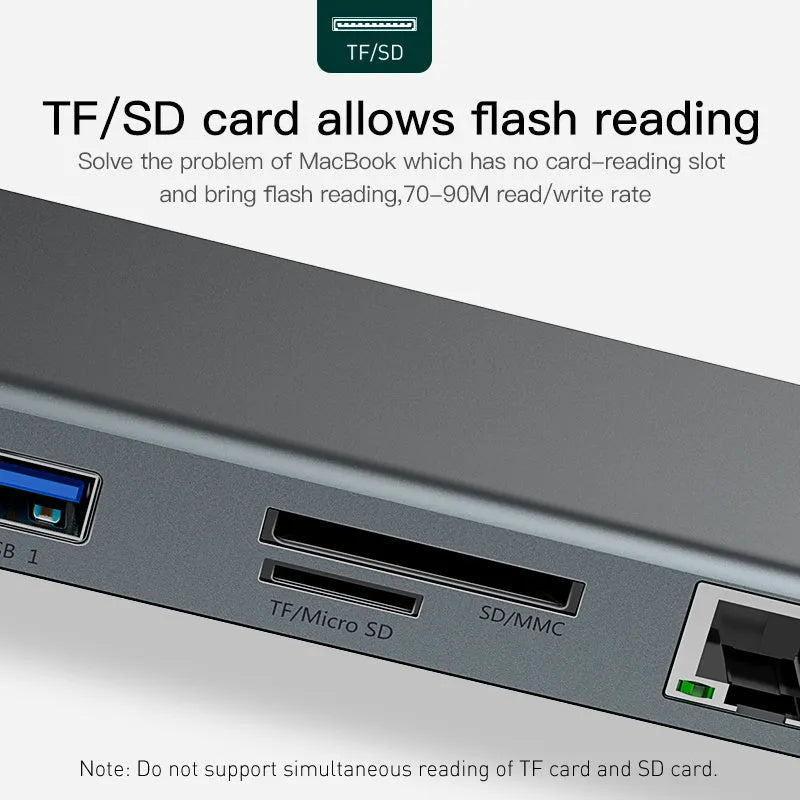 Grey ten-port docking station with cooling bracket measuring 45cm long, showing HDMI, VGA, network, and USB connections