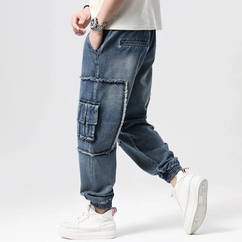 Men's loose fit hip hop trousers with multiple pockets in retro denim styling