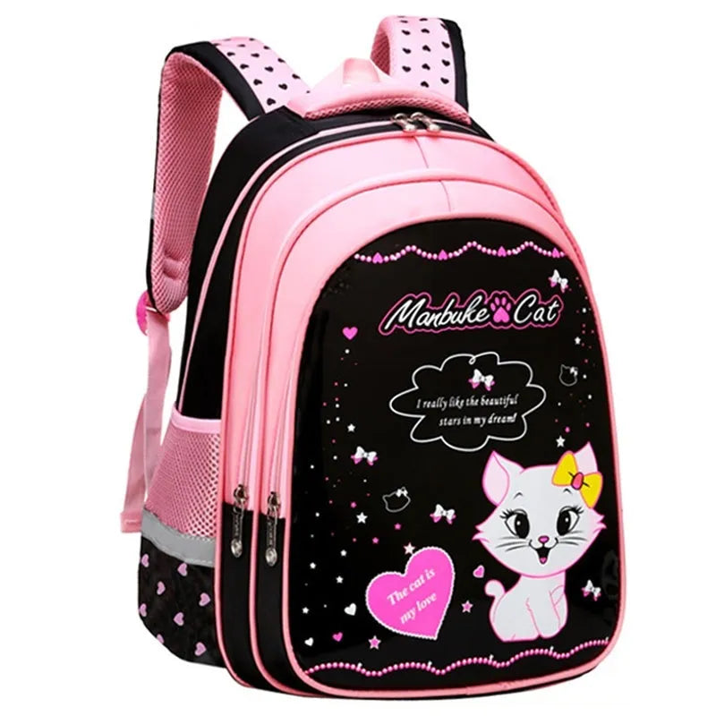 Kids school backpack with cute cat print, nylon, zipper, computer pocket, large and small sizes