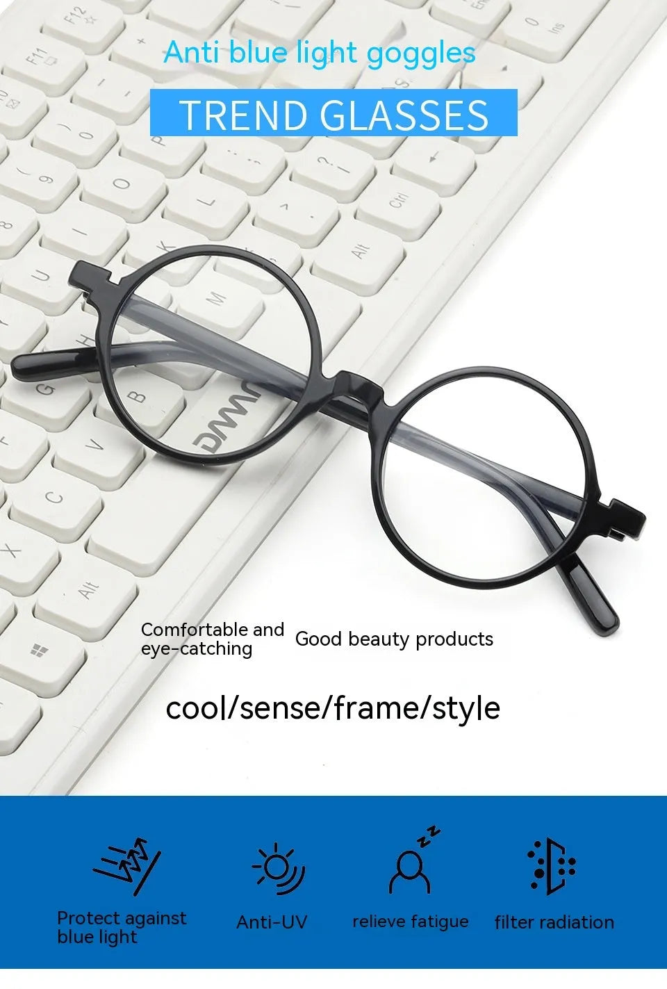 Retro round flat mirror glasses in bright black, sand black, tofu pudding, and transparent grey PC frames
