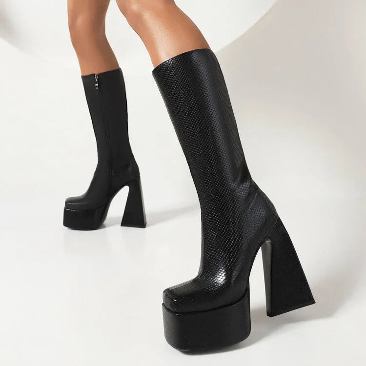 Women's high boots in artificial PU available in black, red, blue, and white colours with UK sizes 34-43