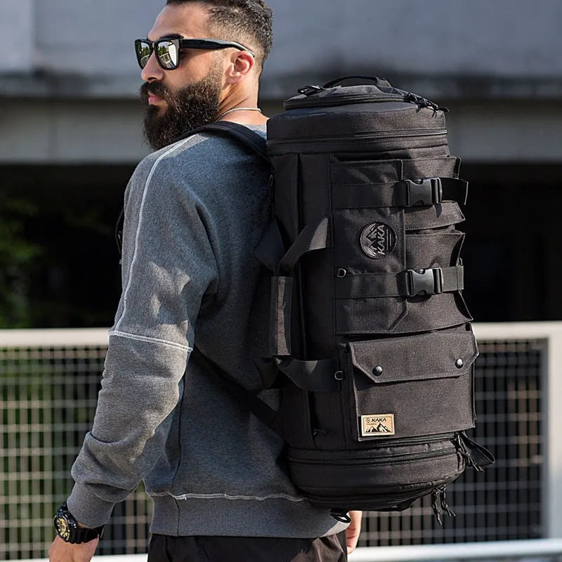 Black men's hiking backpack in Oxford cloth with single shoulder strap and zipper compartments for travel