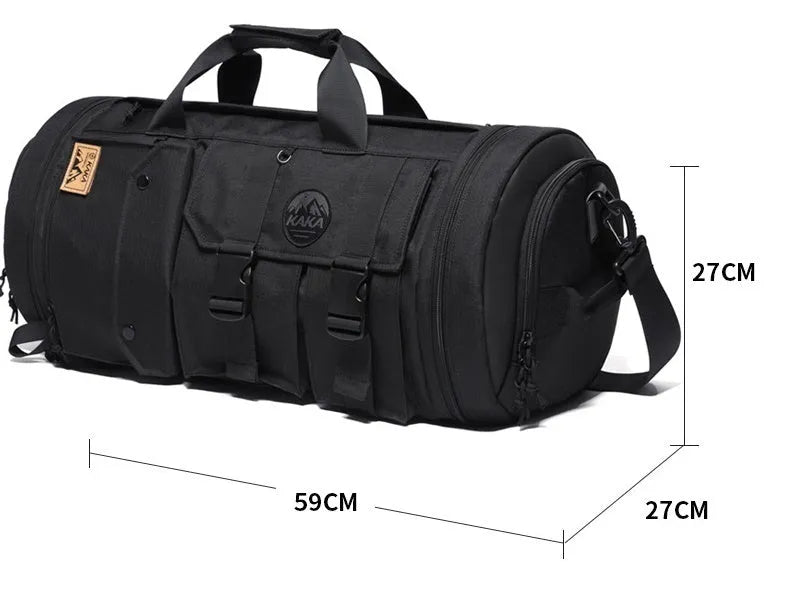 Black men's hiking backpack in Oxford cloth with single shoulder strap and zipper compartments for travel