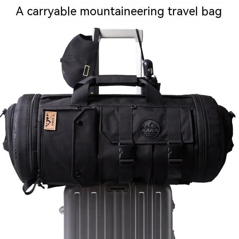 Black men's hiking backpack in Oxford cloth with single shoulder strap and zipper compartments for travel