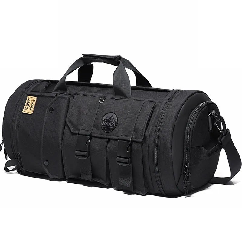 Black men's hiking backpack in Oxford cloth with single shoulder strap and zipper compartments for travel