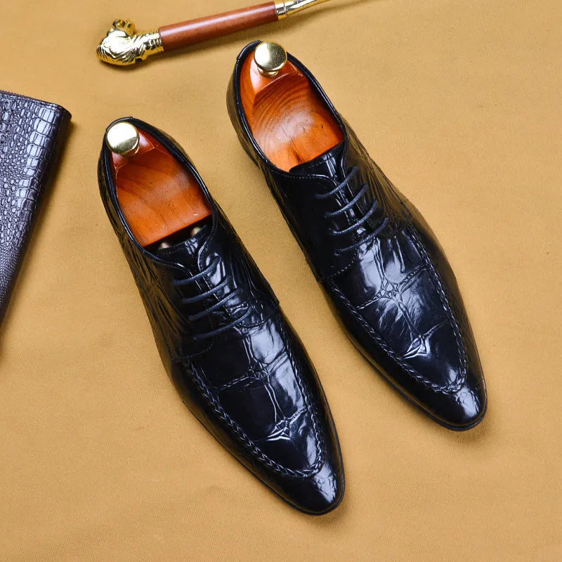 Men's black alligator pattern leather shoes with horse bit buckle and low rubber sole