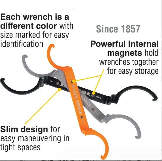 Crescent magnetic suction wrench catheter locking wrench kit three-piece set with orange, grey, and black wrenches