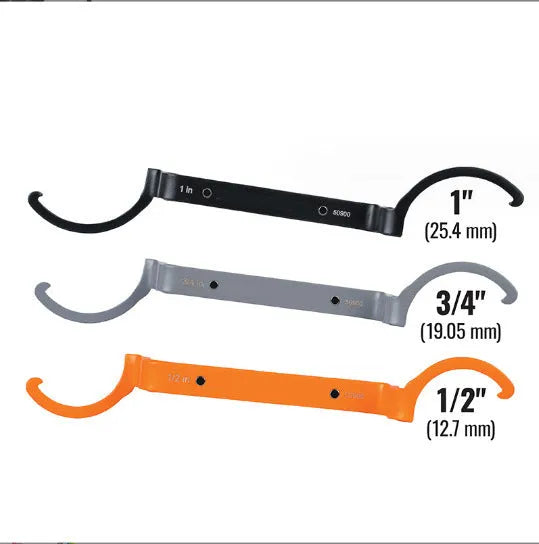 Crescent magnetic suction wrench catheter locking wrench kit three-piece set with orange, grey, and black wrenches