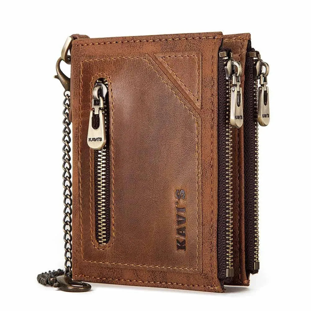 Dark brown men's leather wallet with security chain featuring RFID-blocking anti-theft technology