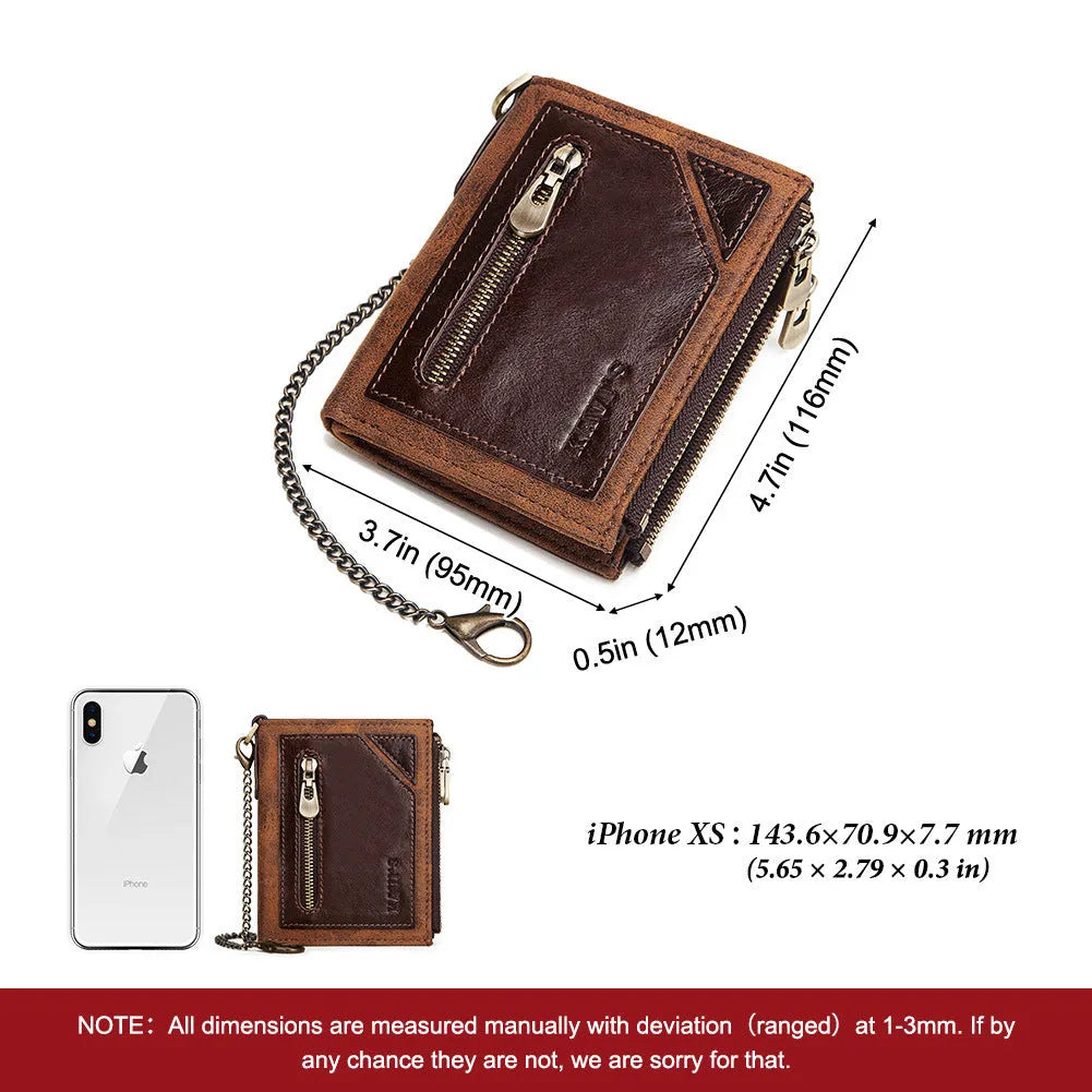Dark brown men's leather wallet with security chain featuring RFID-blocking anti-theft technology