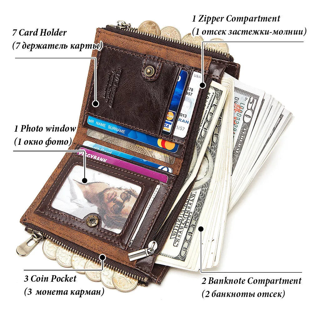 Dark brown men's leather wallet with security chain featuring RFID-blocking anti-theft technology