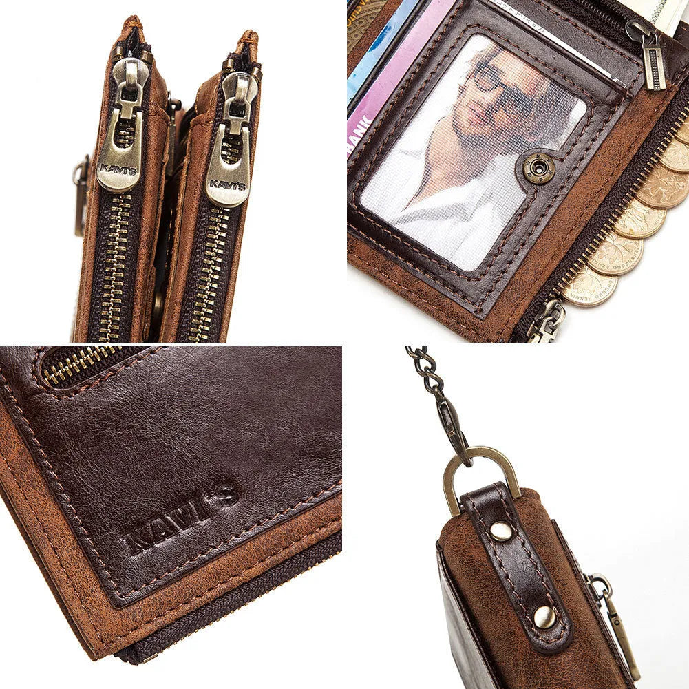 Dark brown men's leather wallet with security chain featuring RFID-blocking anti-theft technology
