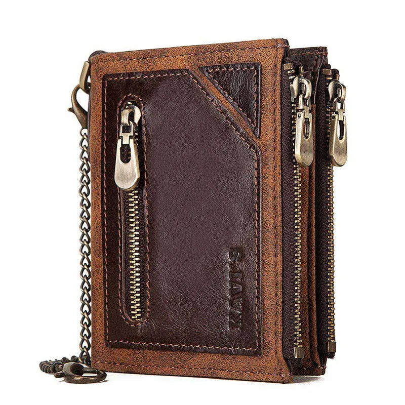 Dark brown men's leather wallet with security chain featuring RFID-blocking anti-theft technology