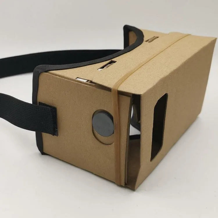 VR Cardboard Glasses showing cardboard frame with 3D lenses, adjustable rubber band, and velcro strap for smartphone virtual reality